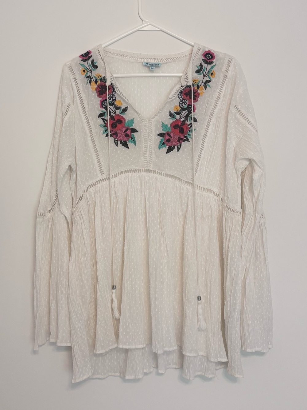 Embroidered Boho Oversized Cotton Flowy Peasant Tunic Top Nostalgia Size M